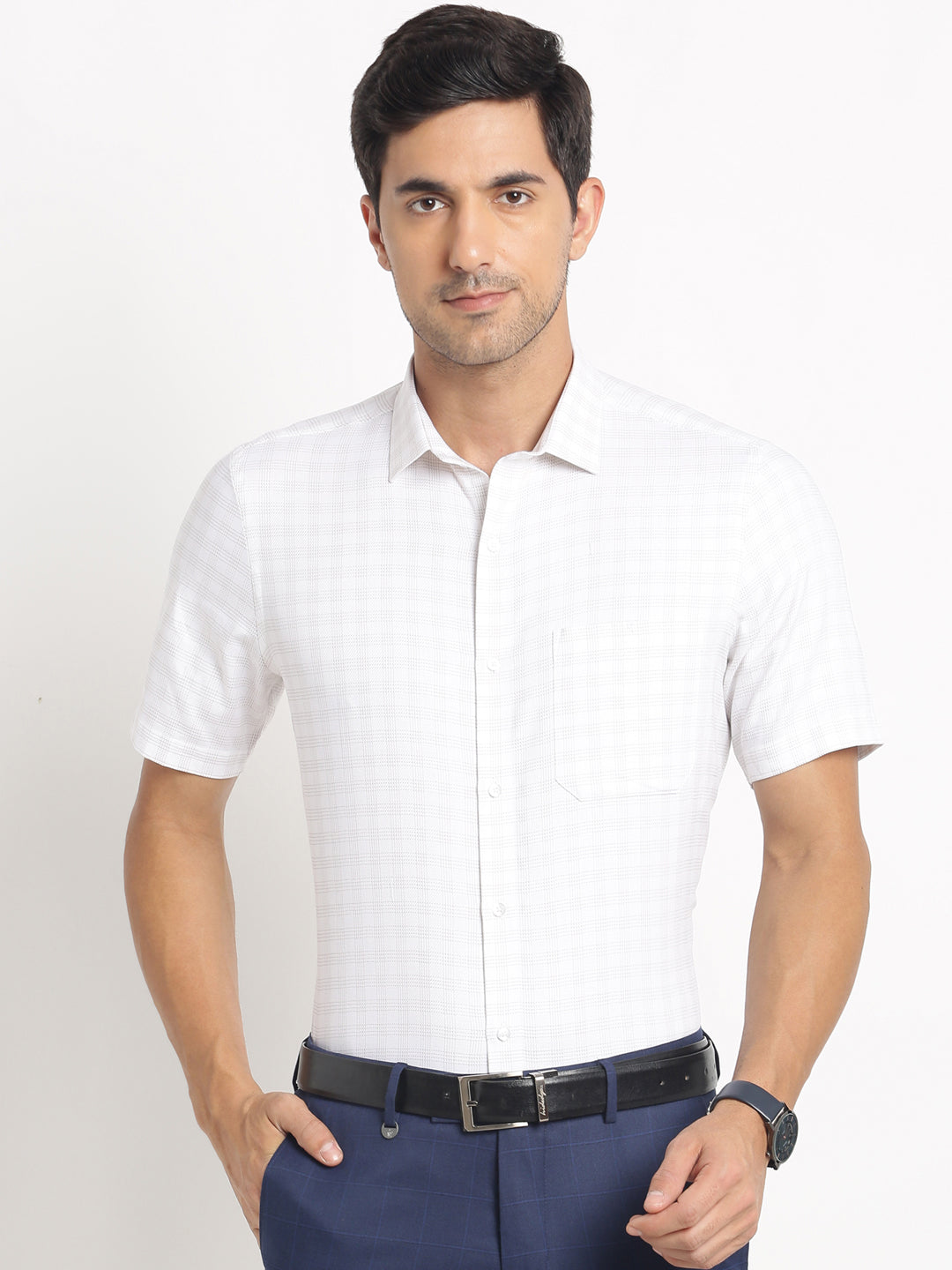 100% Cotton White Checkered Regular Fit Half Sleeve Formal Shirt
