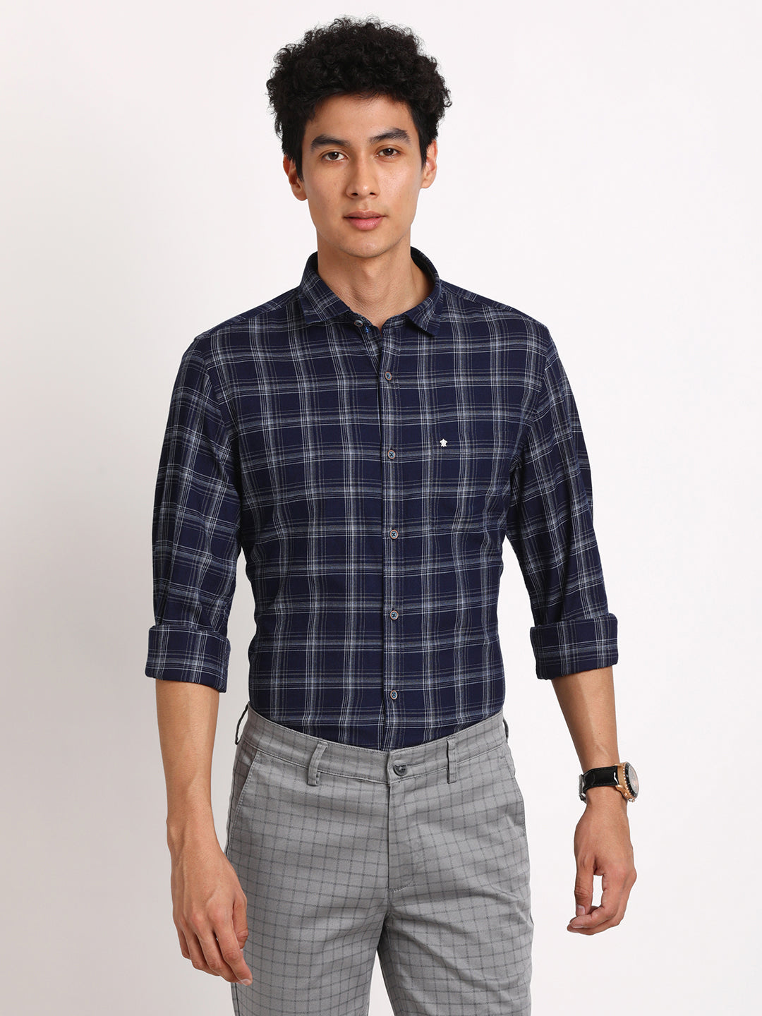 100% Cotton Indigo Blue Checkered Slim Fit Full Sleeve Casual Shirt