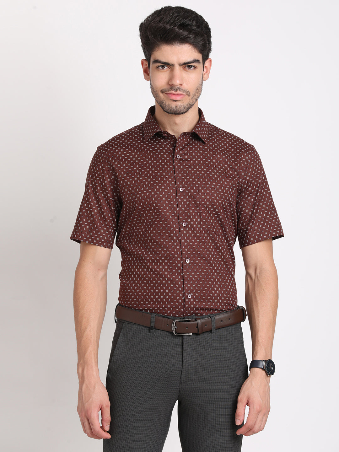 100% Cotton Brown Printed Regular Fit Half Sleeve Formal Shirt