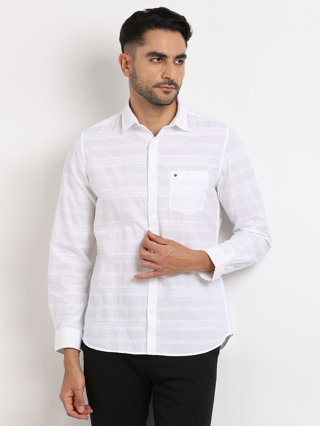 100% Cotton White Striped Slim Fit Full Sleeve Casual Shirt