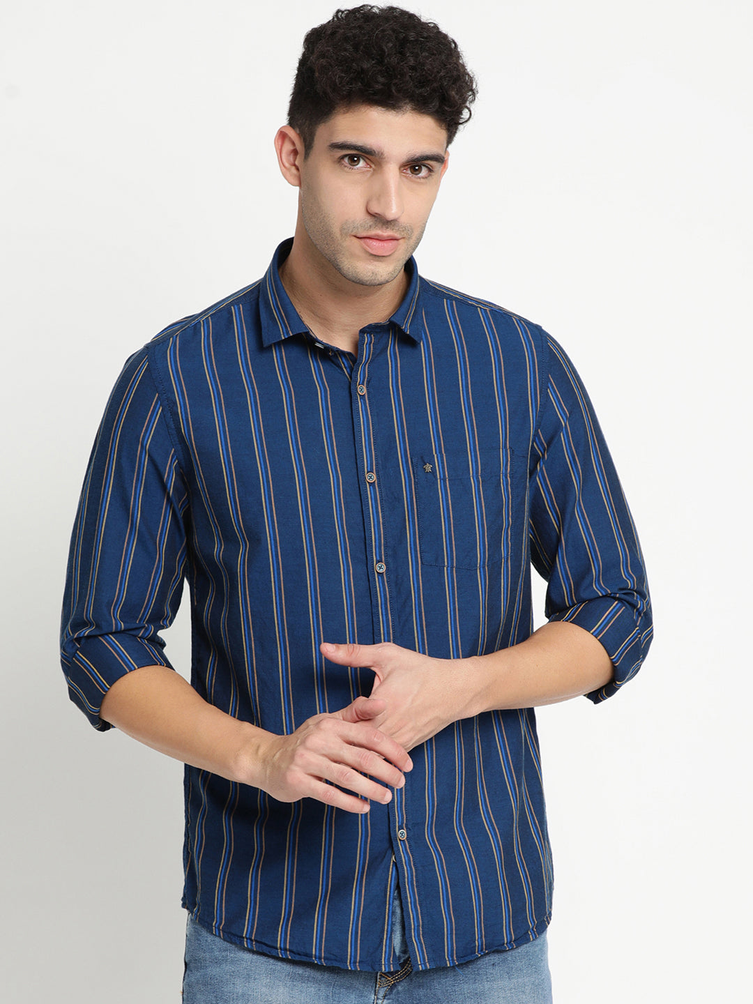 100% Cotton Navy Blue Striped Slim Fit Full Sleeve Casual Shirt