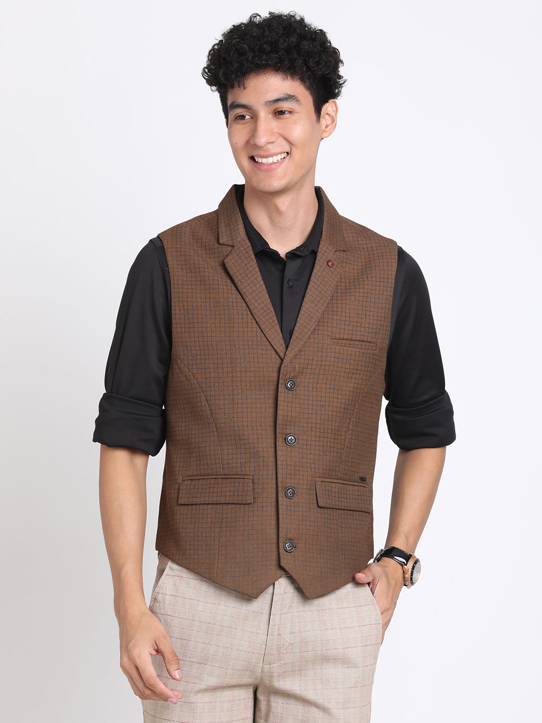 Poly Viscose Brown Checkered Slim Fit Sleeve Less Casual Nehru Jacket