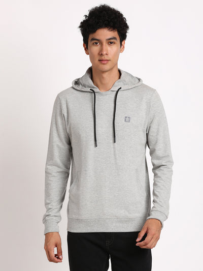 Poly Cotton Grey Melange Plain Regular Fit Full Sleeve Casual Hooded Sweatshirt