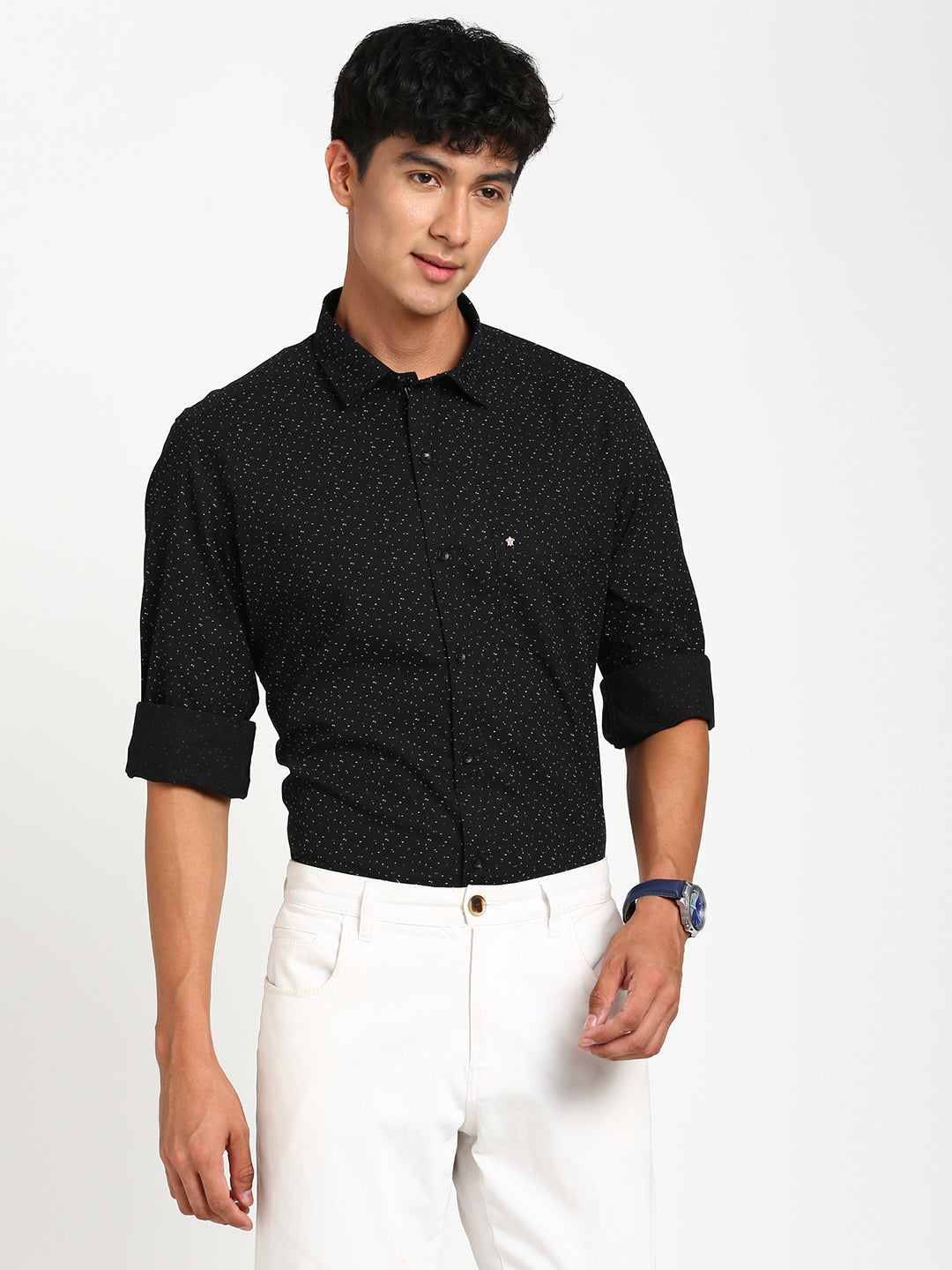 100% Cotton Black Printed Slim Fit Full Sleeve Casual Shirt