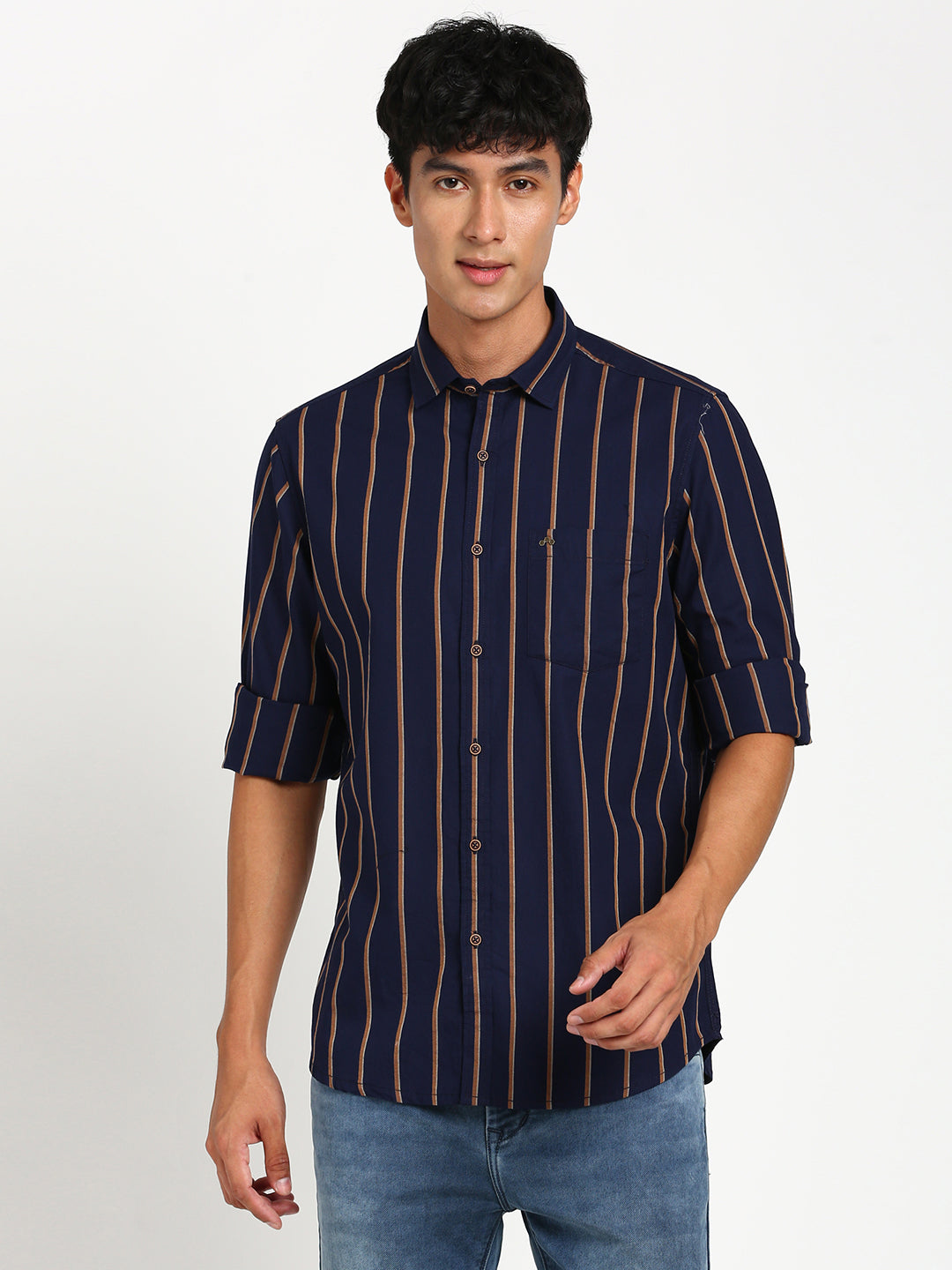 100% Cotton Navy Blue Striped Slim Fit Full Sleeve Casual Shirt