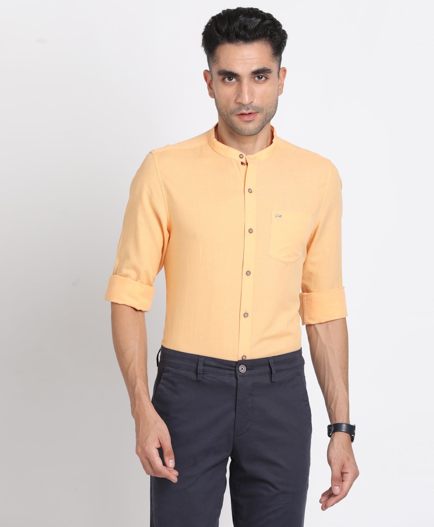 Cotton Linen Yellow Plain Slim Fit Mandarin Collar Casual Shirt