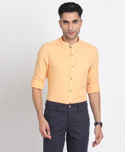 Cotton Linen Yellow Plain Slim Fit Mandarin Collar Casual Shirt