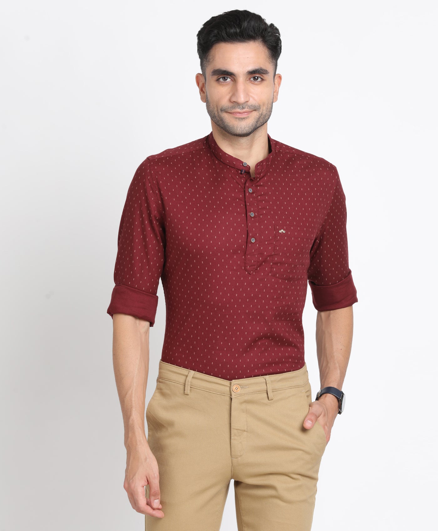 100% Cotton Maroon Printed Kurta Full Sleeve Casual Shirt