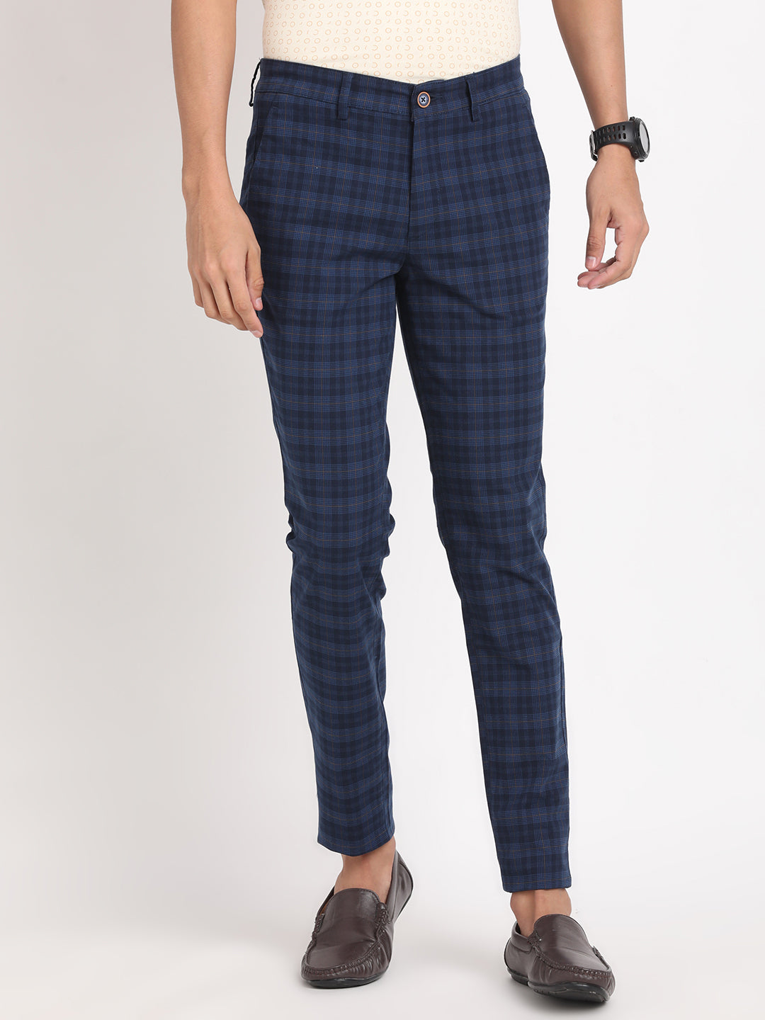 Cotton Stretch Blue Checkered Narrow Fit Flat Front Casual Trouser