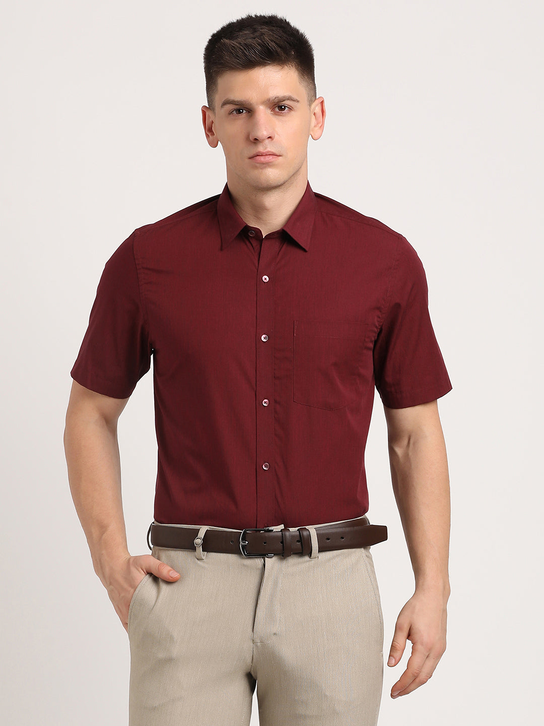 100% Cotton Maroon Plain Slim Fit Half Sleeve Formal Shirt