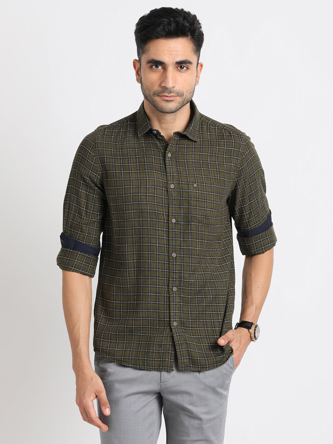 100% Cotton Dark Green Checkered Slim Fit Full Sleeve Casual Shirt