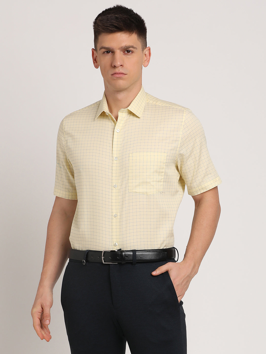 100% Cotton Cream Checkered Regular Fit Half Sleeve Formal Shirt