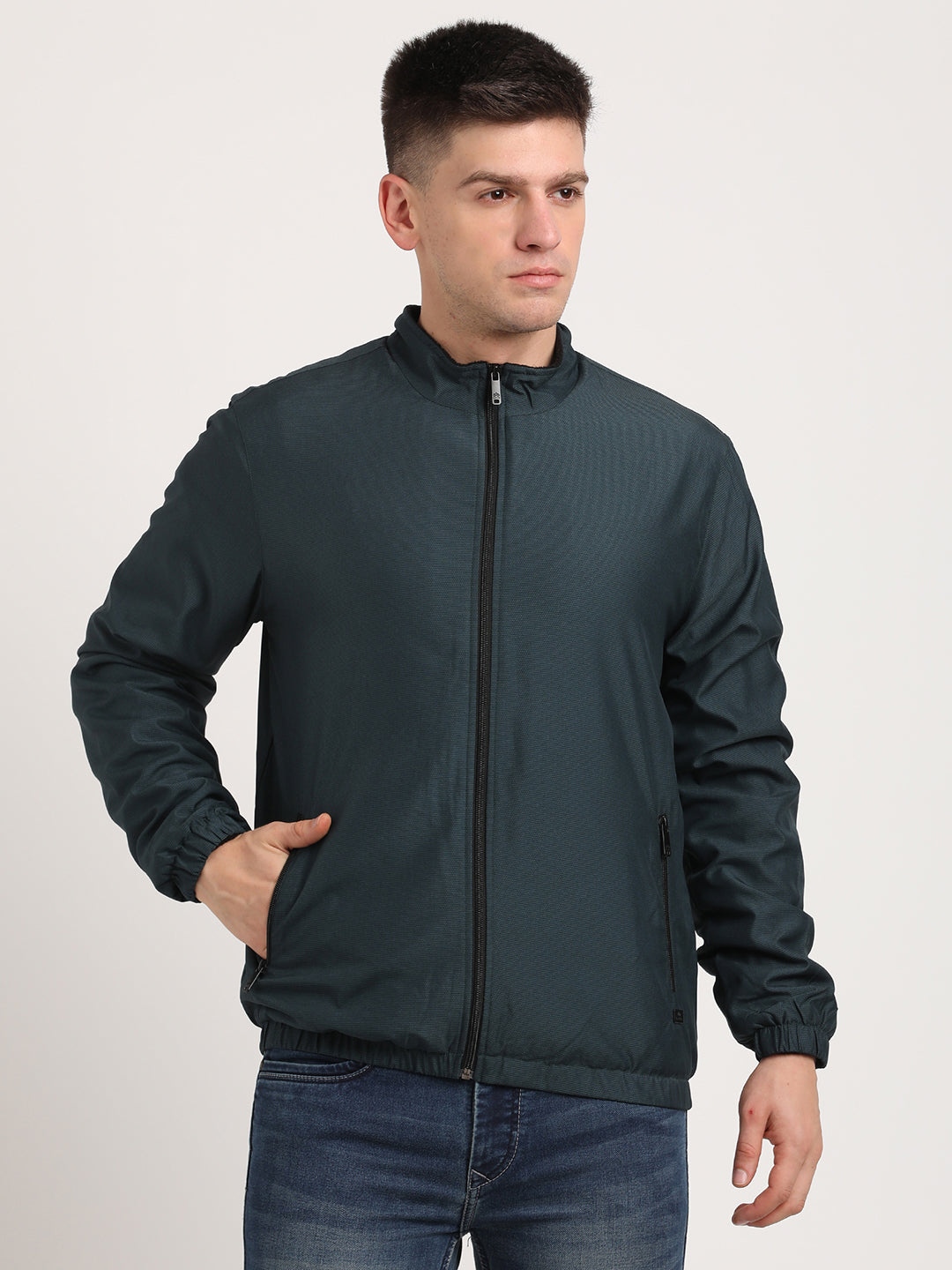 Polyester Solid Dark Green Zipper Windcheater Jacket