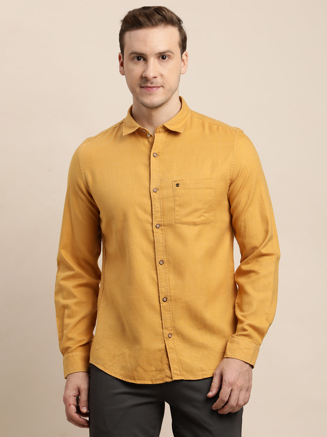 Cotton Lyocell Mustard Plain Slim Fit Full Sleeve Casual Shirt