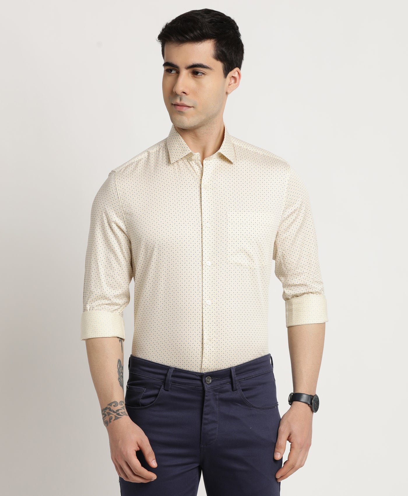 100% Cotton Beige Printed Slim Fit Full Sleeve Formal Shirt