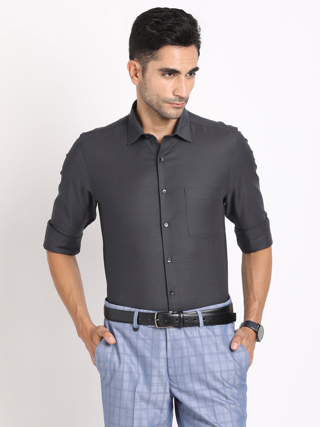 100% Cotton Charcoal Dobby Slim Fit Full Sleeve Formal Shirt