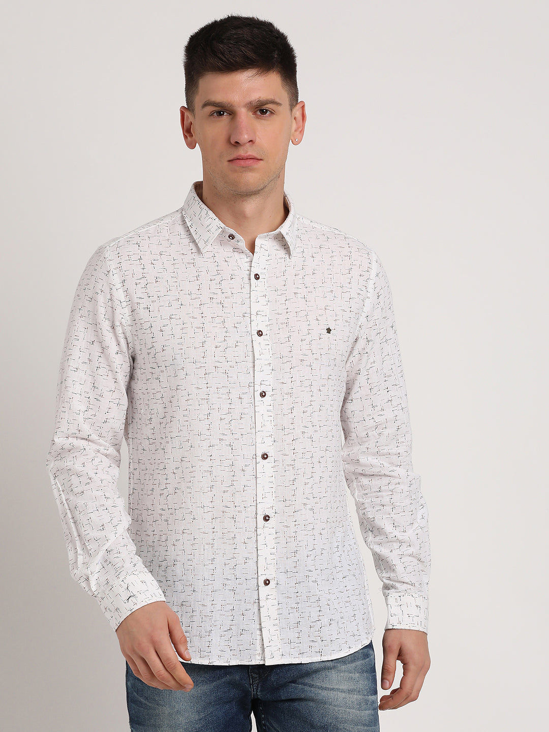 Khadi White Printed Slim Fit Full Sleeve Casual Shirt