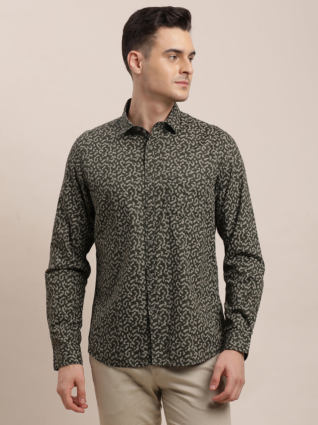 100% Cotton Dark Green Printed Slim Fit Full Sleeve Casual Shirt