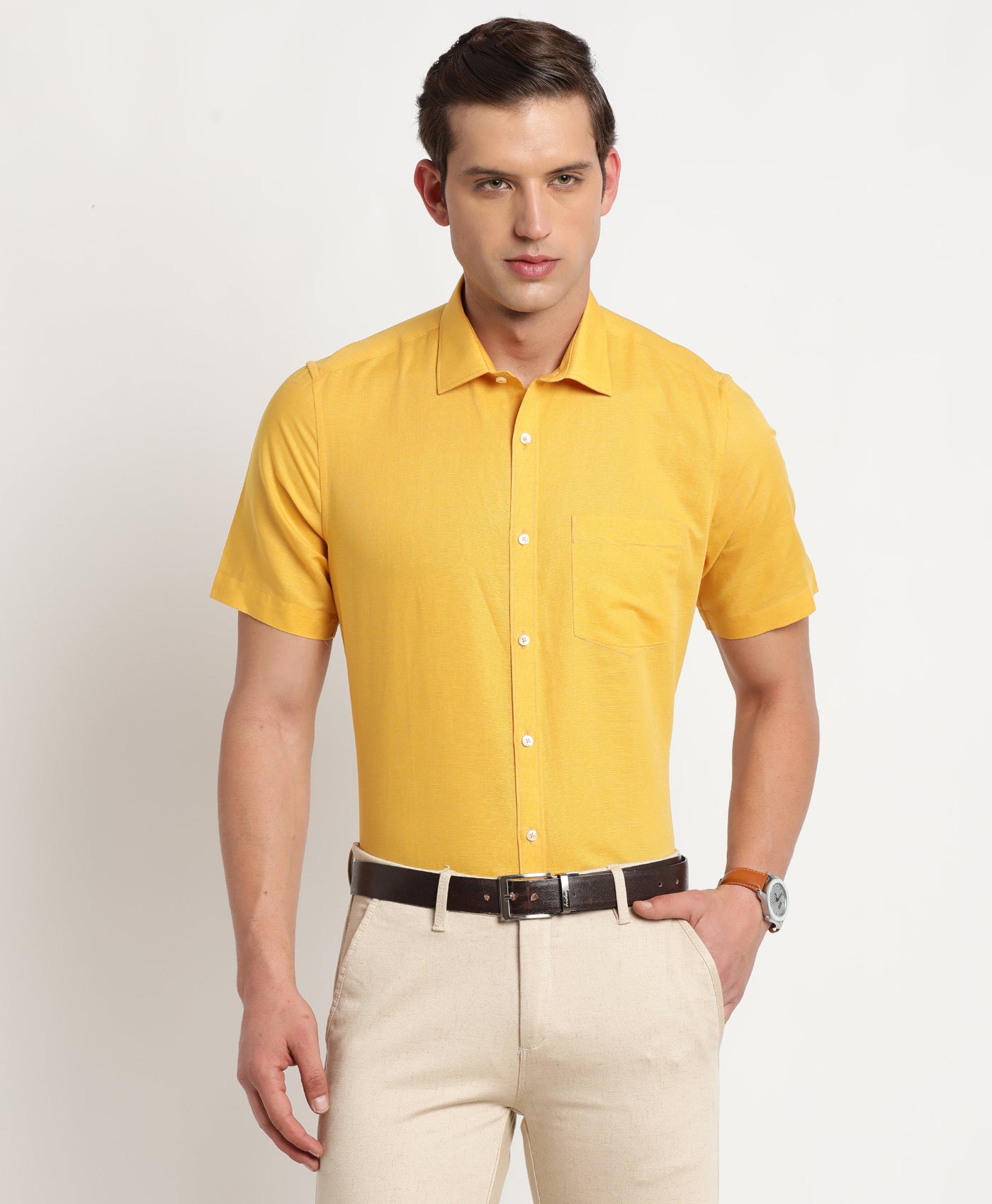 Cotton Linen Yellow Plain Regular Fit Half Sleeve Formal Shirt