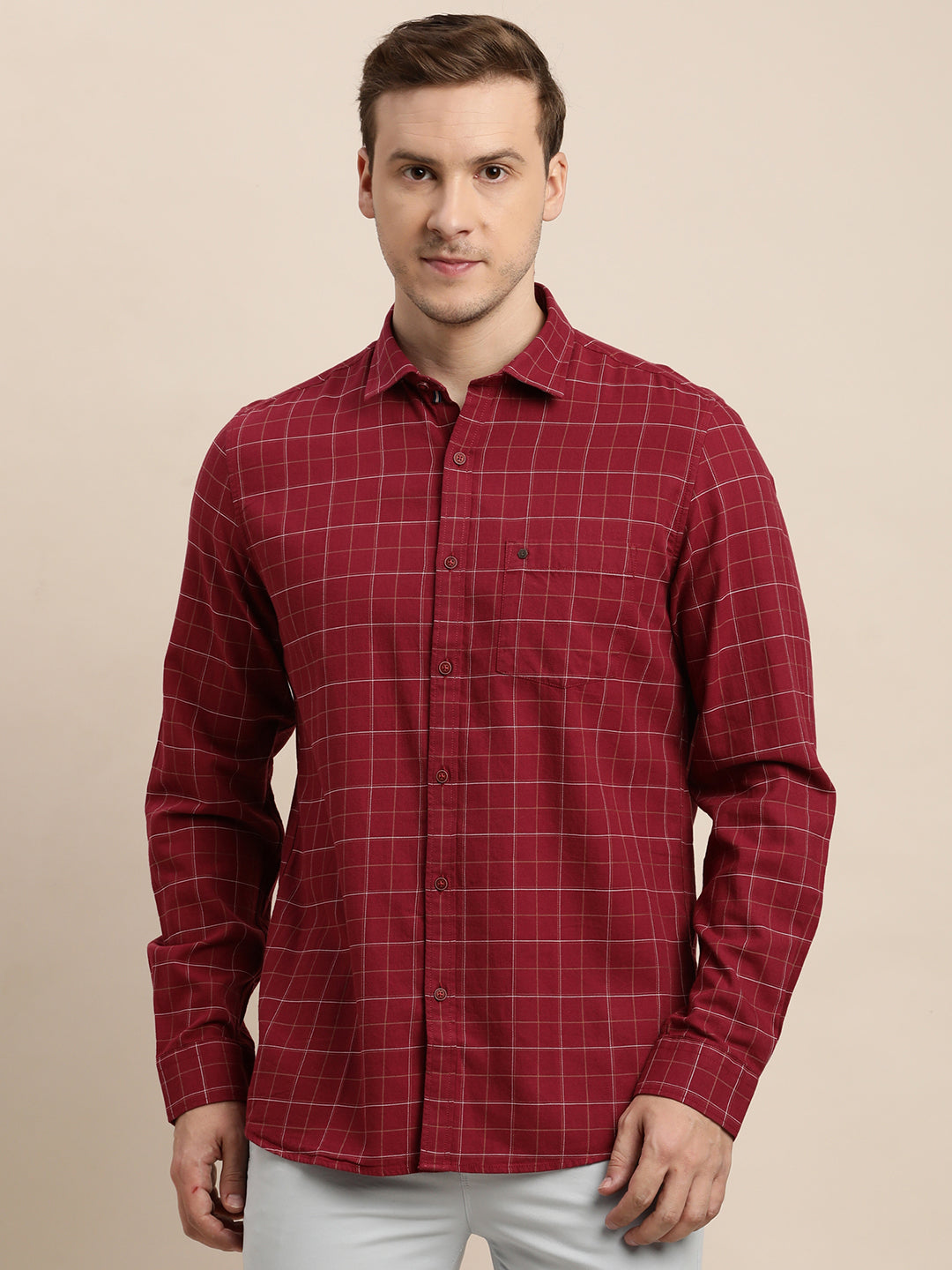 100% Cotton Maroon Checkered Slim Fit Full Sleeve Casual Shirt