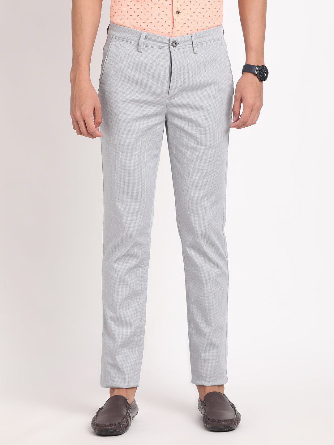 Cotton Stretch Grey Printed Narrow Fit Flat Front Casual Trouser