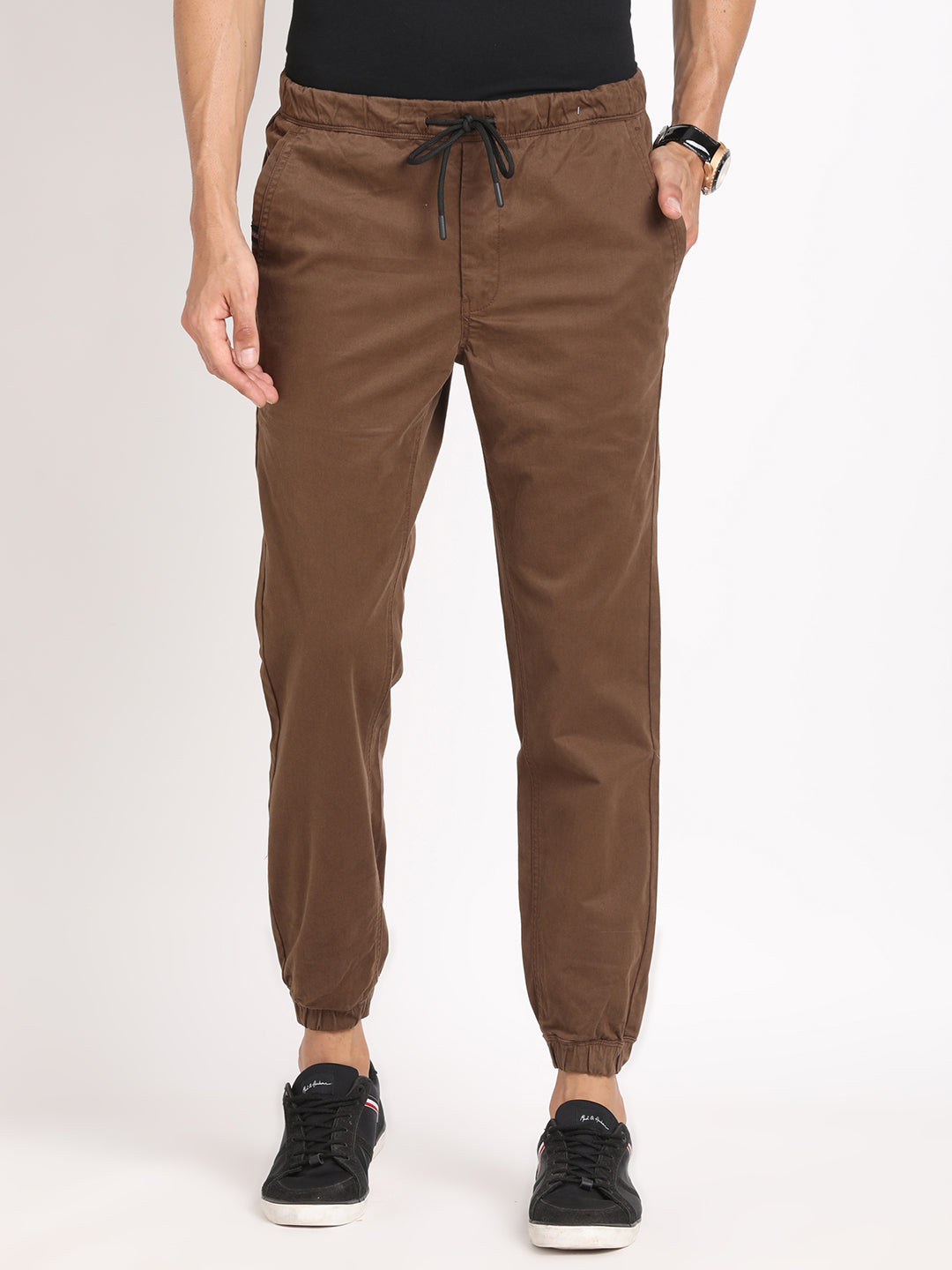 Cotton Stretch Brown Plain Jogger Flat Front Casual Trouser