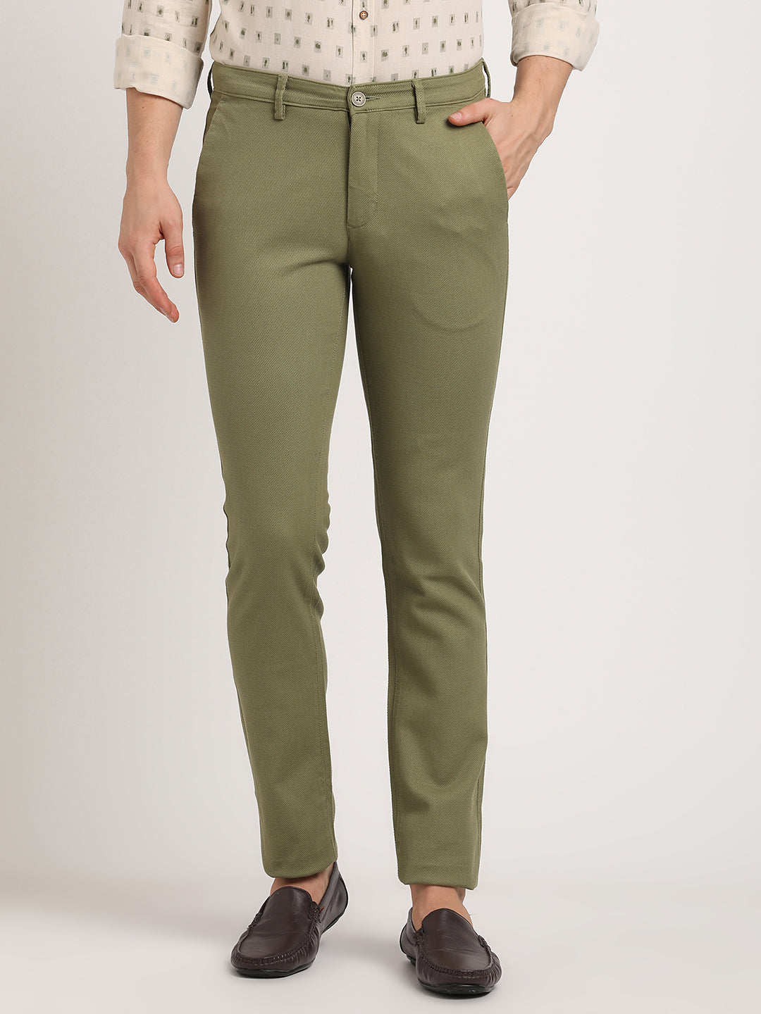 Cotton Stretch Olive Dobby Ultra Slim Fit Flat Front Casual Trouser