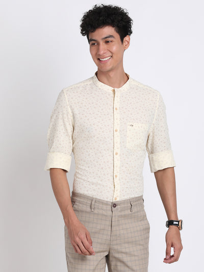 Cotton Linen Beige Printed Slim Fit Full Sleeve Casual Shirt