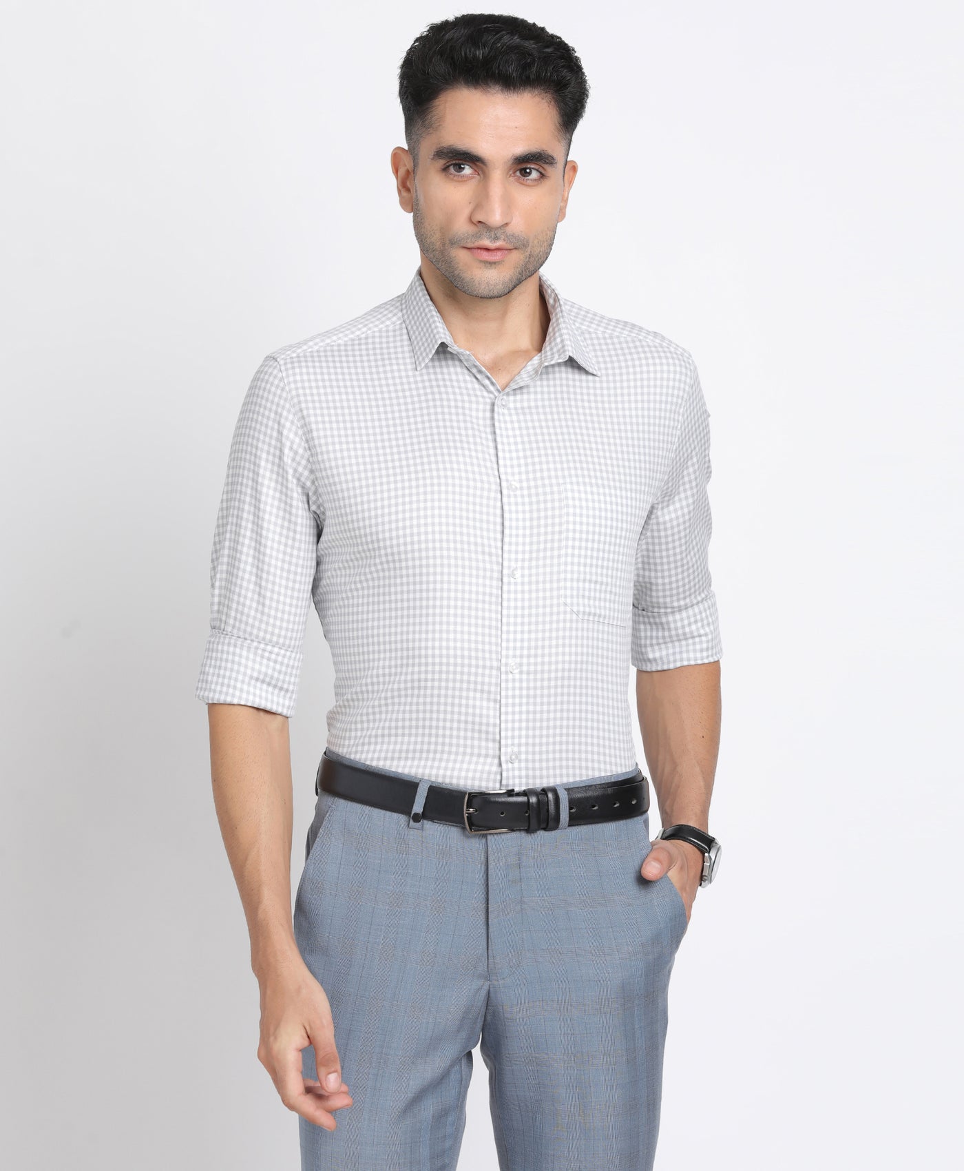 Giza Cotton Grey Checkered Regular Fit Full Sleeve Formal Shirt