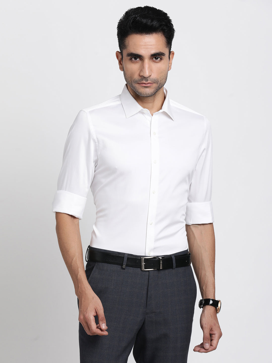 Cotton Stretch White Plain Slim Fit Full Sleeve Ceremonial Shirt