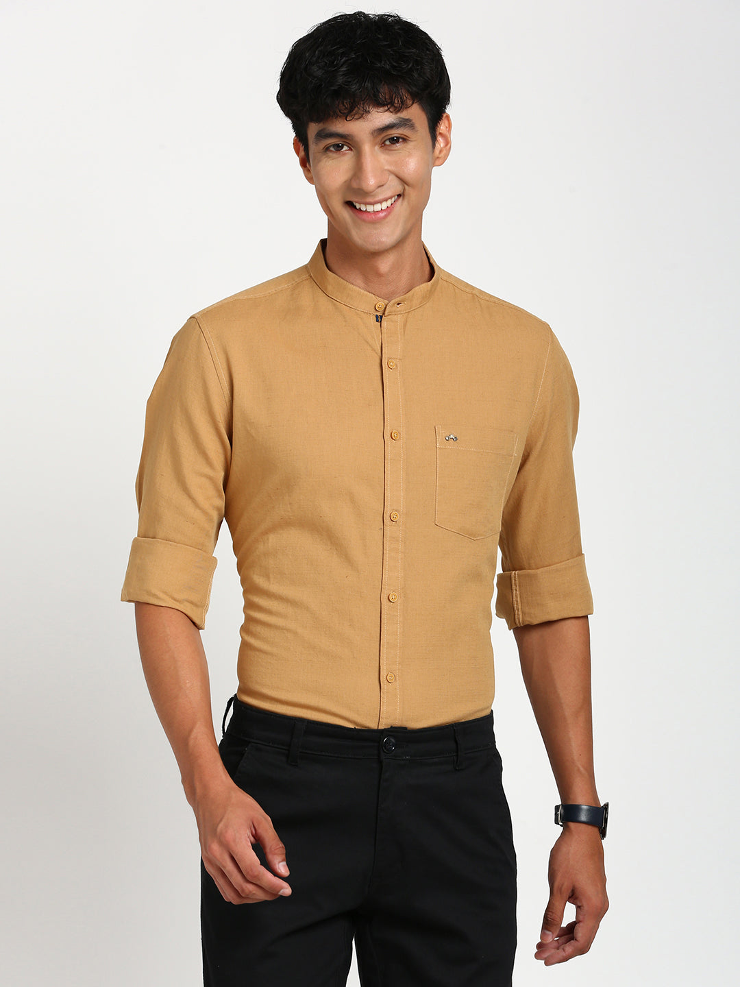 Cotton Linen Khaki Plain Slim Fit Full Sleeve Casual Shirt