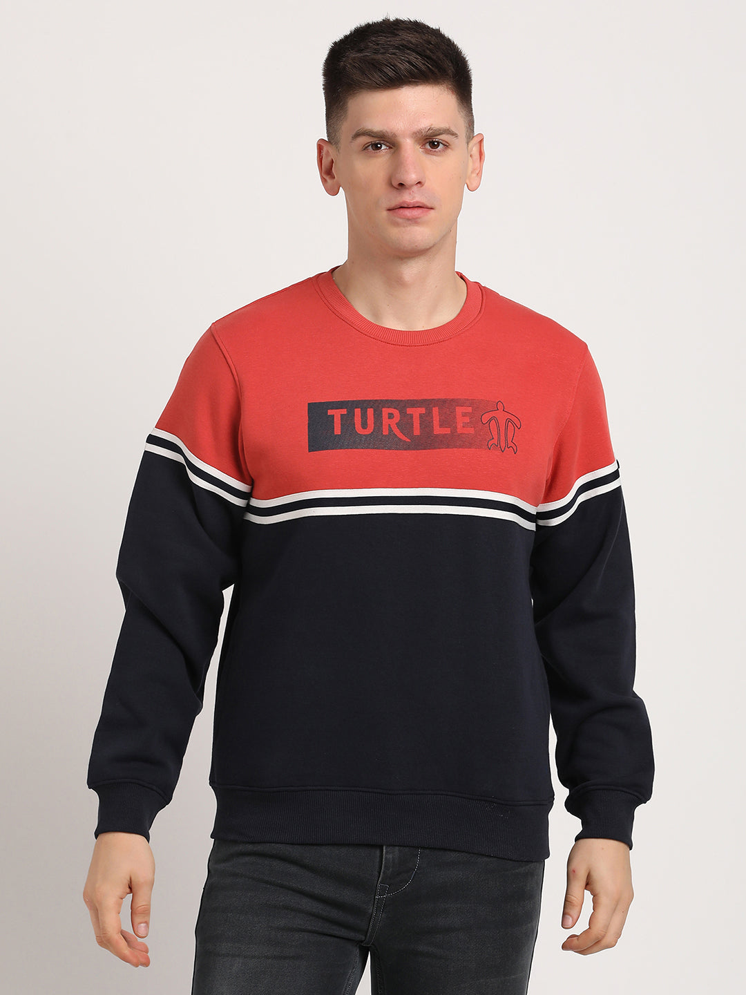 Poly Cotton Navy & Brick Red Striped Regular Fit Full Sleeve Casual Sweatshirt