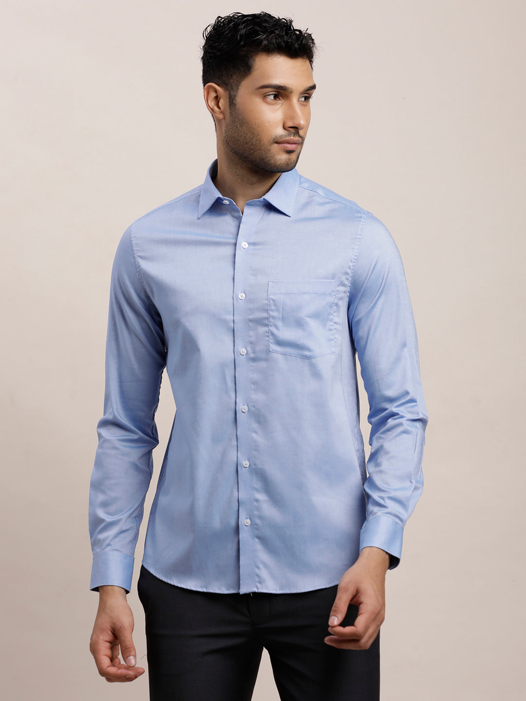 100% Cotton Blue Plain Slim Fit Full Sleeve Formal Shirt