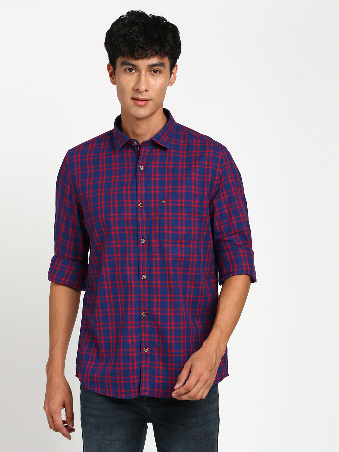 100% Cotton Navy Blue Checkered Slim Fit Full Sleeve Casual Shirt