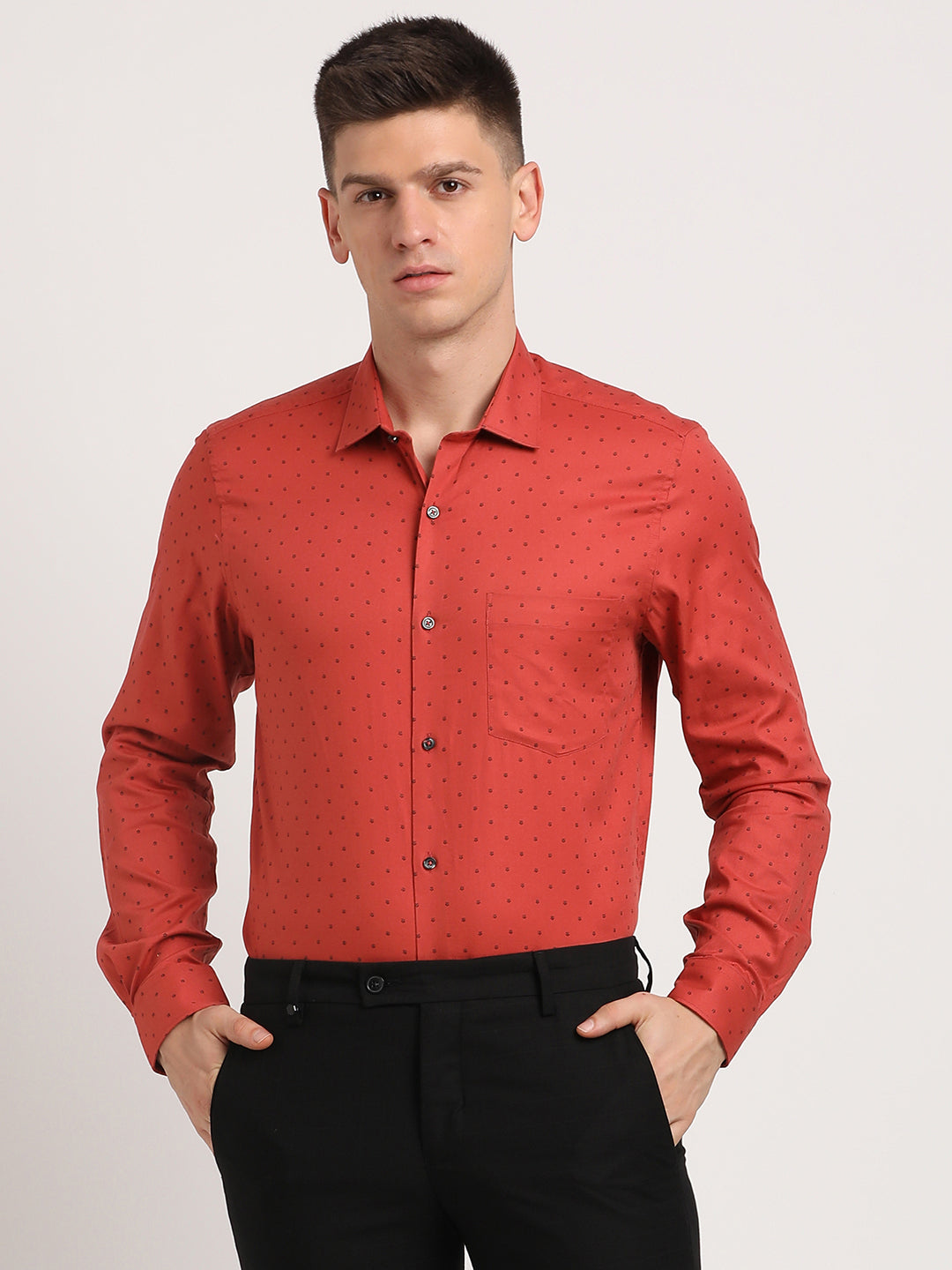 100% Cotton Red Printed Slim Fit Full Sleeve Formal Shirt