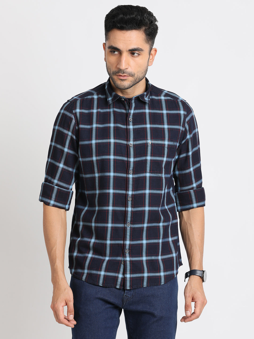 100% Cotton Indigo Navy Blue Checkered Slim Fit Full Sleeve Casual Shirt