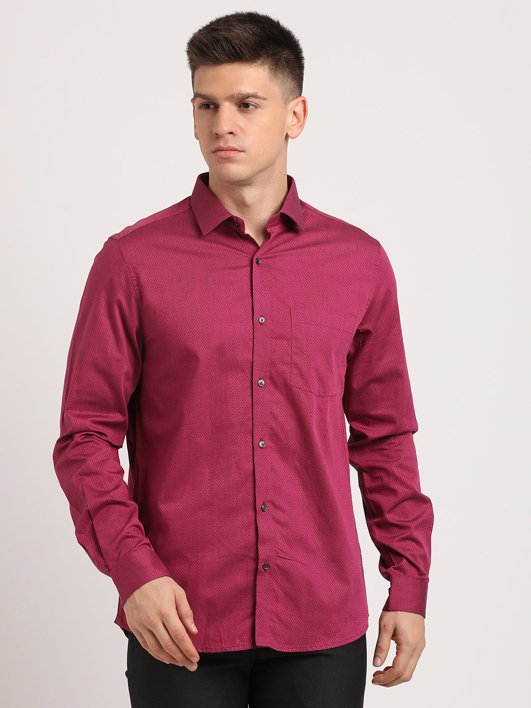 100% Cotton Maroon Dobby Slim Fit Full Sleeve Formal Shirt