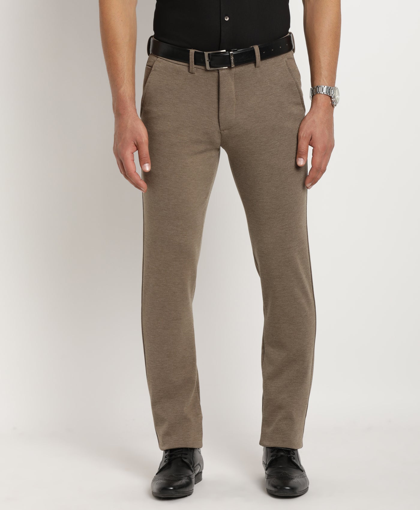 Cotton Brown Plain Ultra Slim Fit Flat Front Casual Trouser