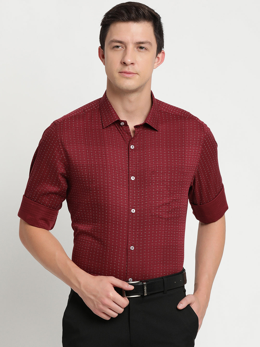 Cotton Tencel Maroon Printed Slim Fit Full Sleeve Formal Shirt