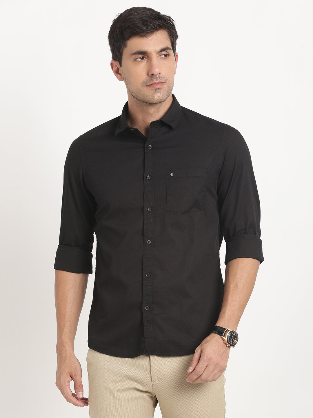 100% Cotton Black Dobby Slim Fit Full Sleeve Casual Shirt
