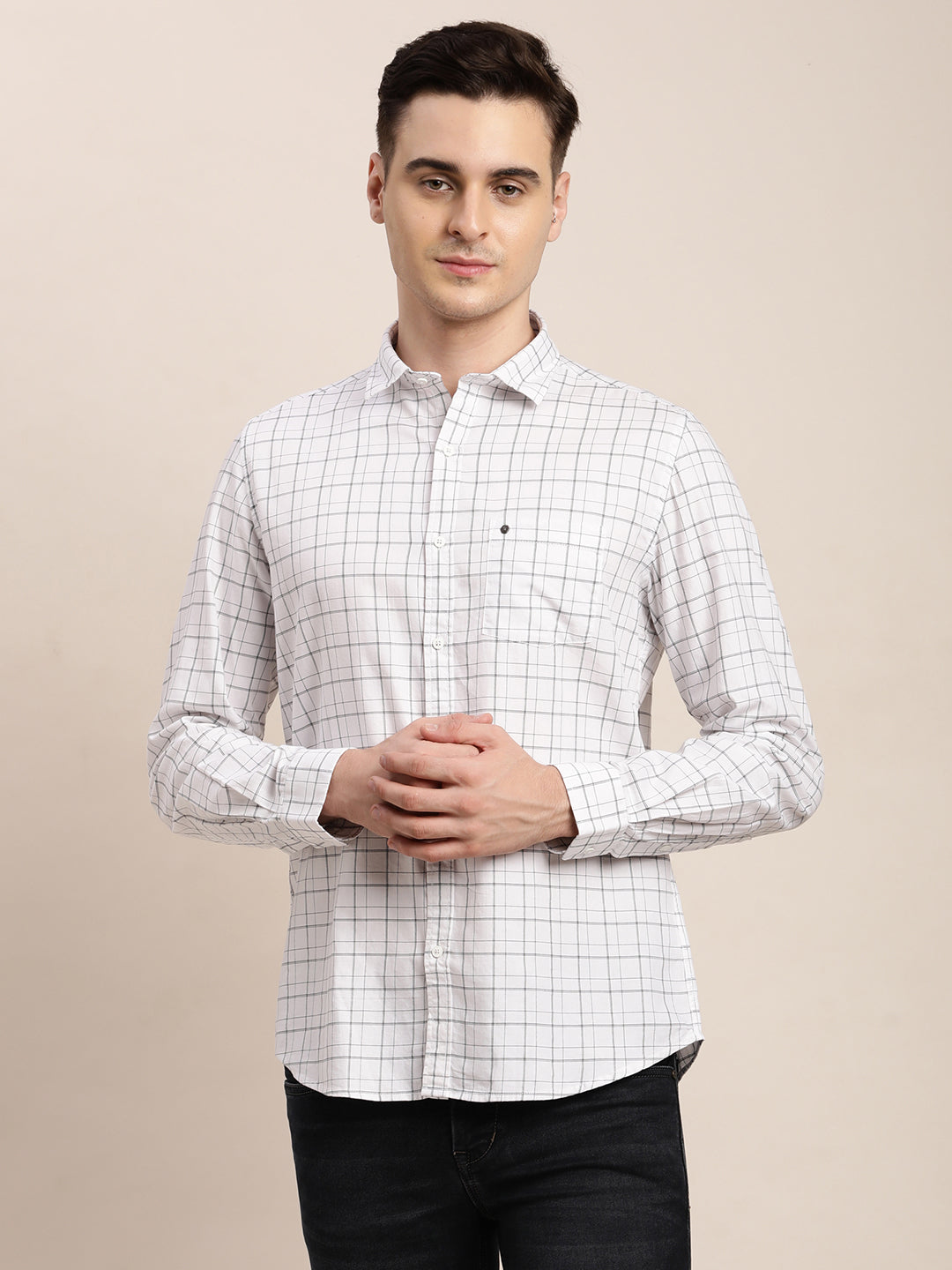 100% Cotton White Checkered Slim Fit Full Sleeve Casual Shirt