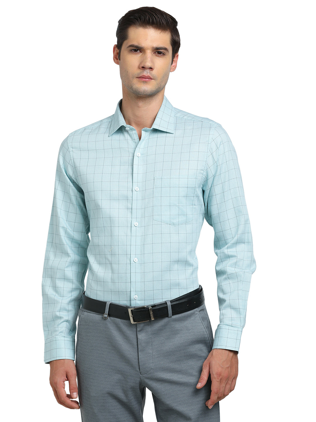 100% Cotton Blue Checkered Slim Fit Full Sleeve Formal Shirt