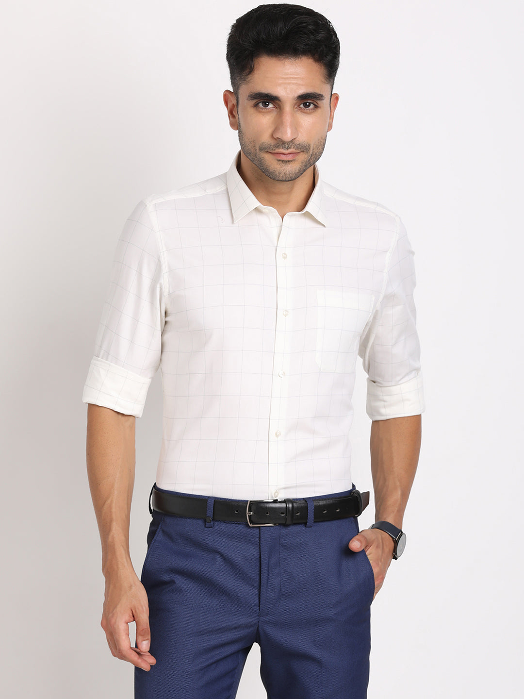 100% Cotton Cream Checkered Slim Fit Full Sleeve Formal Shirt