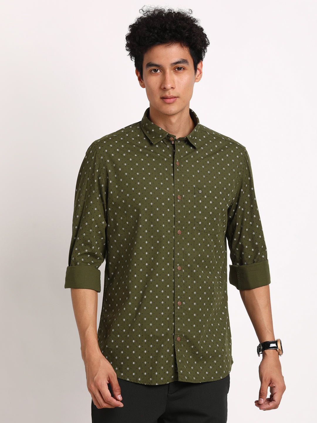 100% Cotton Dark Green Printed Slim Fit Full Sleeve Casual Shirt