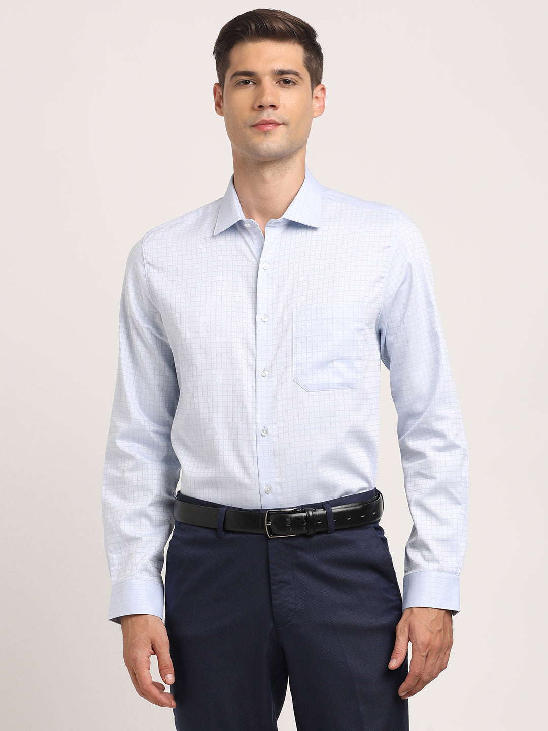 100% Cotton Light Blue Checkered Slim Fit Full Sleeve Formal Shirt