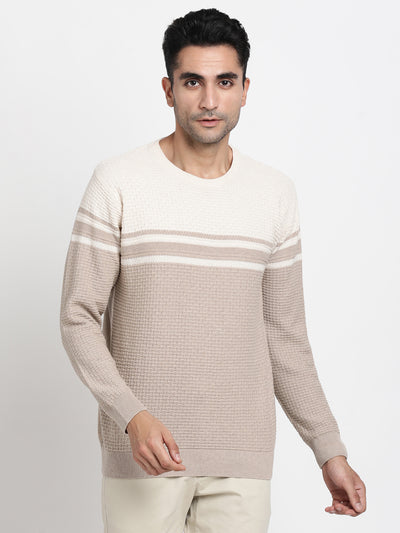 Knitted Beige Striped Regular Fit Full Sleeve Casual Pull Over