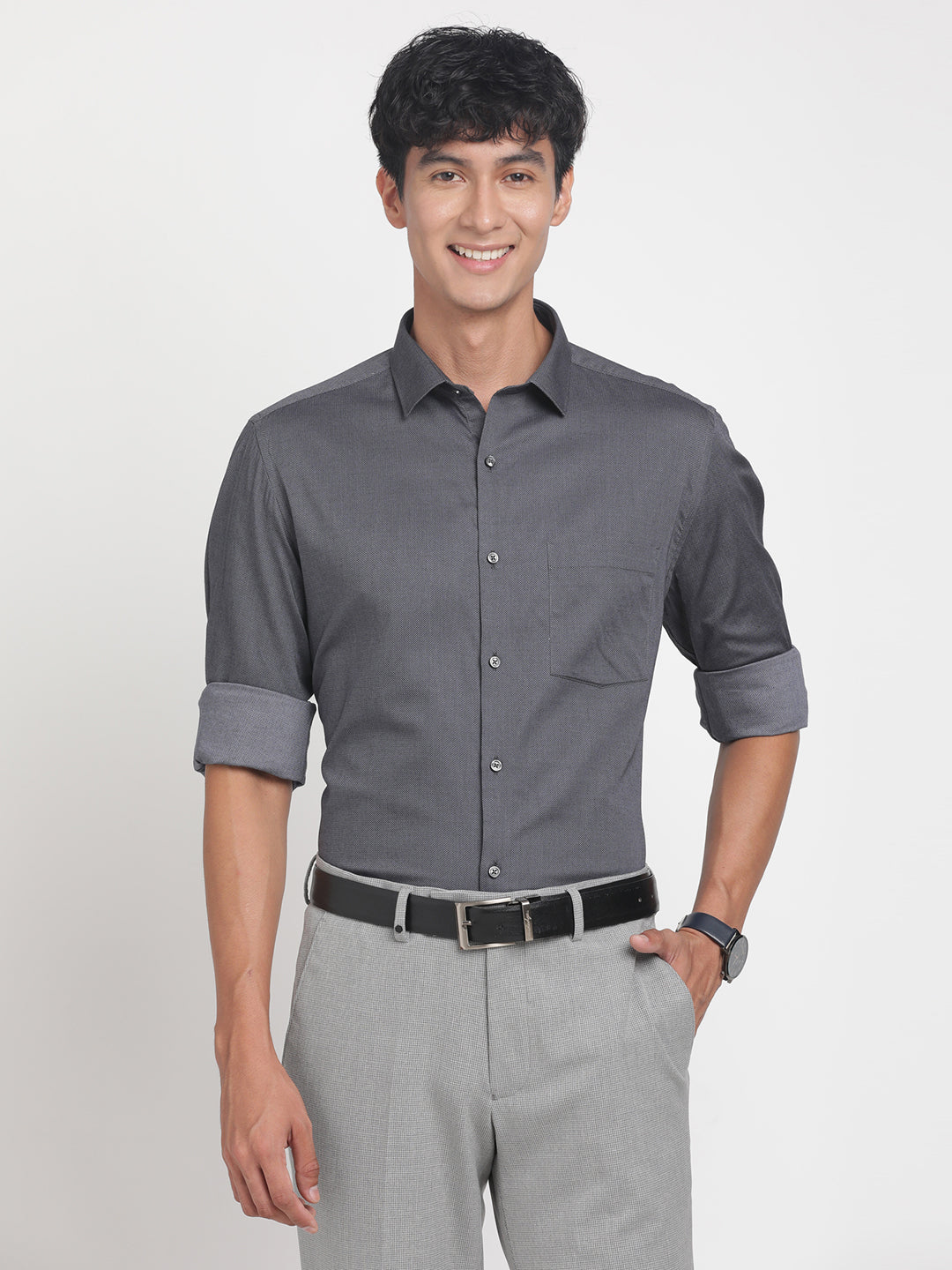 100% Cotton Charcoal Grey Dobby Regular Fit Full Sleeve Formal Shirt