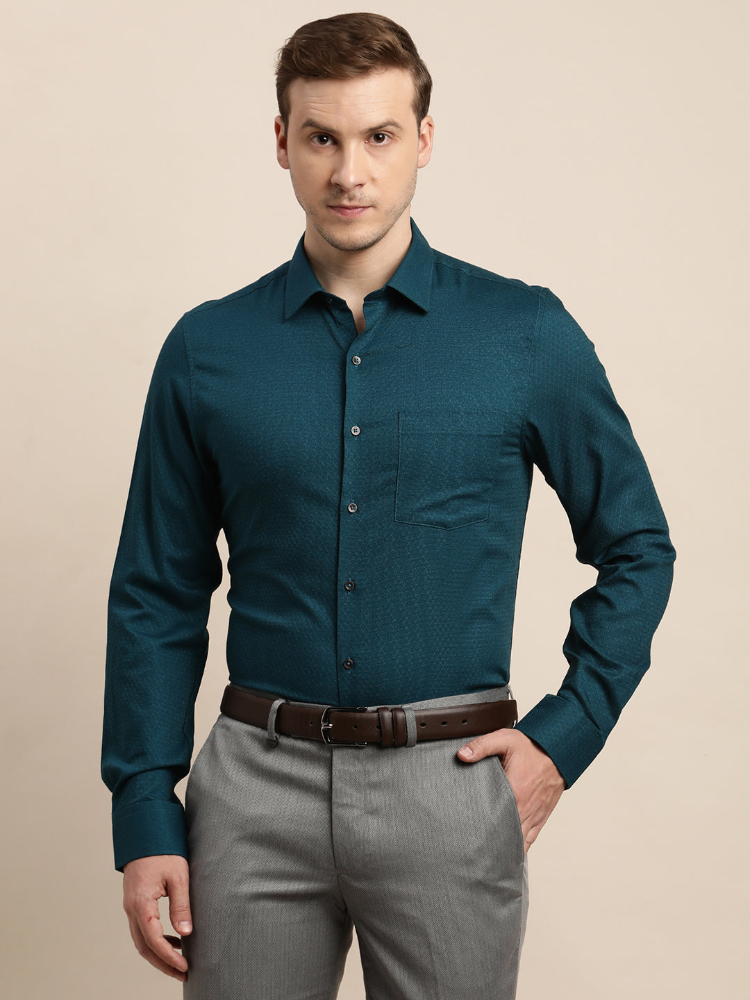 100% Cotton Green Dobby Slim Fit Full Sleeve Formal Shirt