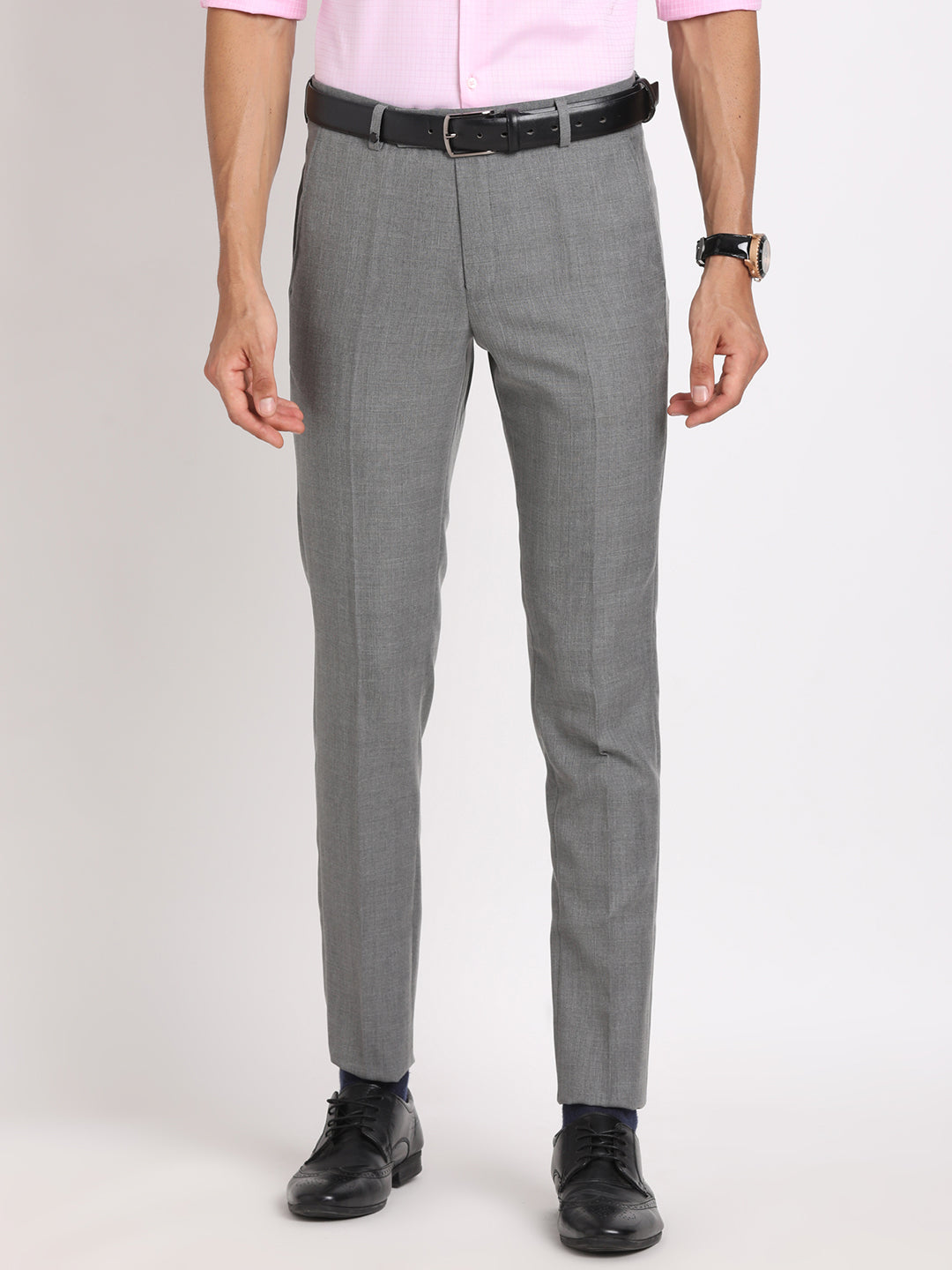 Poly Viscose Stretch Grey Checkered Ultra Slim Fit Flat Front Formal Trouser