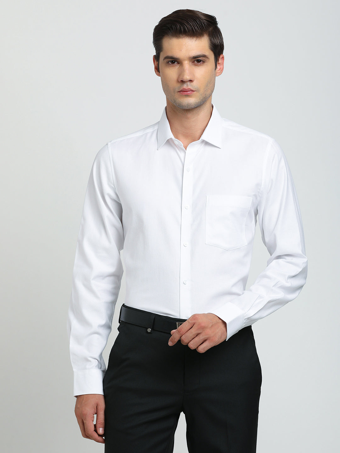 100% Cotton White Dobby Slim Fit Full Sleeve Formal Shirt